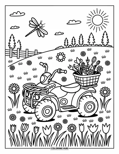 Coloriage de quad pour adultes : Un quad avec un panier rempli de fleurs est posé parmi de hautes herbes et des fleurs printanières