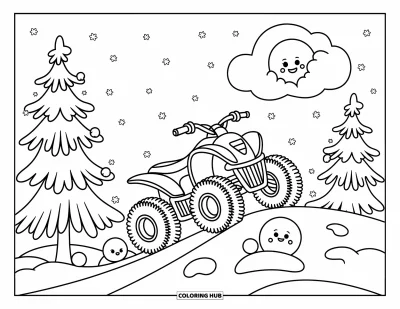 Coloriage de quad pour adultes : Des flocons de neige tombent doucement tandis qu'un quad roule parmi des pins enneigés et des boules de neige