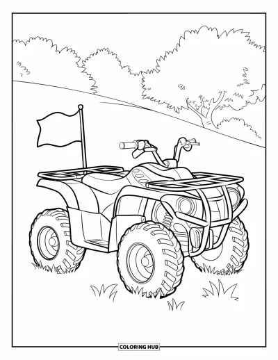 Coloriage de quad pour enfants : Un quad classique aux pneus épais et un drapeau se dresse sur un terrain herbeux