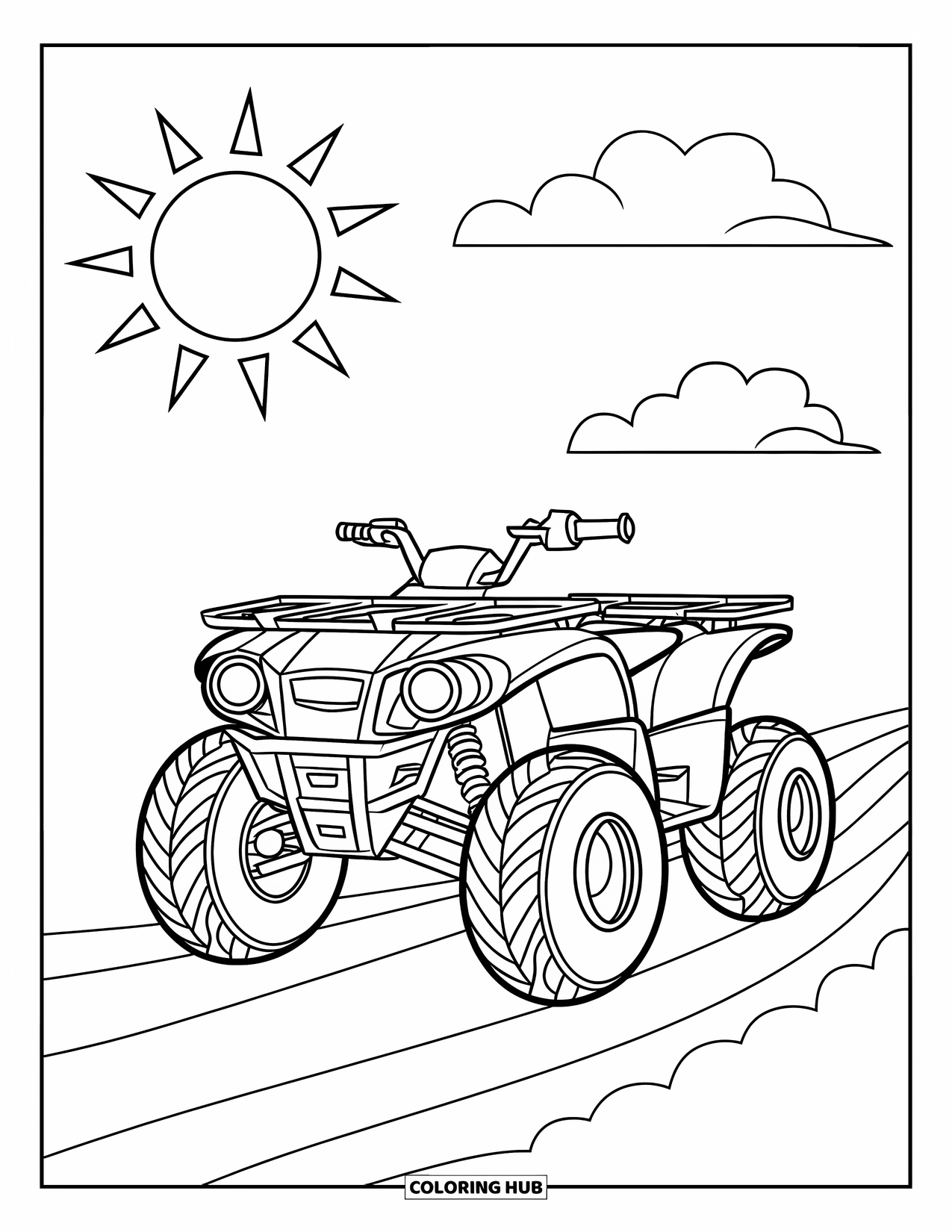 Atv Coloring Page for Kids: A big-wheeled ATV parks on a trail under the sun and clouds