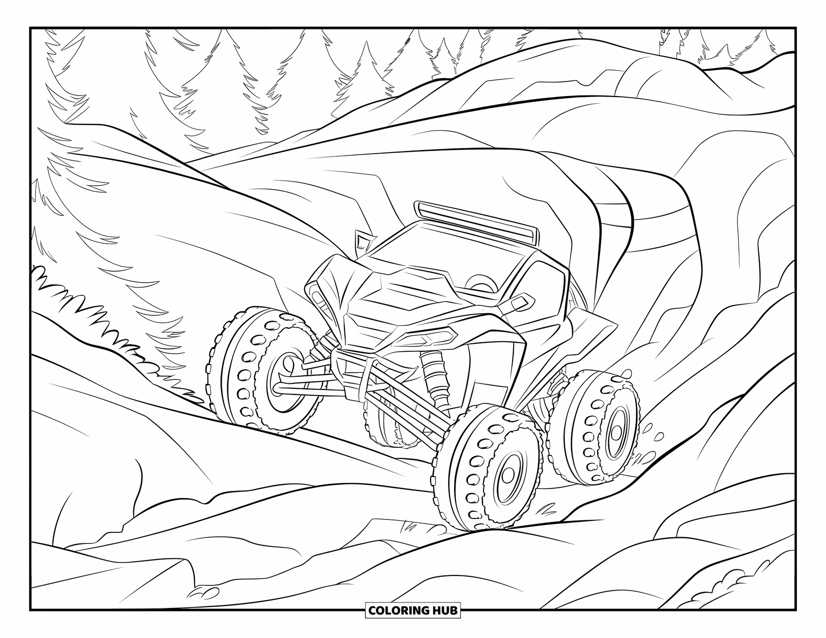 Atv Coloring Page for Kids: A bold ATV drives uphill on rocks surrounded by lush trees