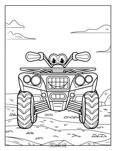 Coloriage de quad pour enfants : Un quad joyeux avec un visage est posé sur un terrain rocheux sous un ciel dégagé
