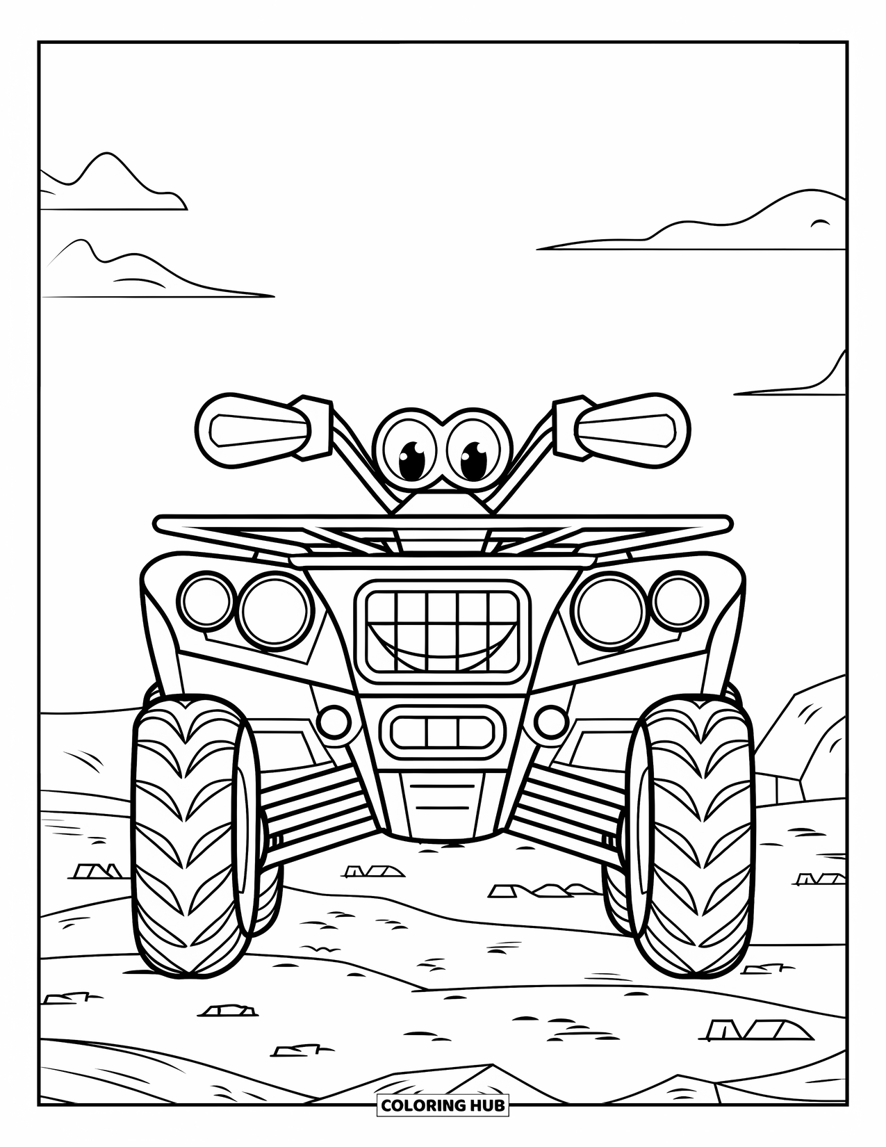 Atv Coloring Page for Kids: A cheerful ATV with a face sits on rocky terrain under a clear sky