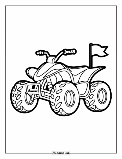 Coloriage de quad pour enfants : Un quad avec un drapeau et des pneus épais repose sur un fond blanc