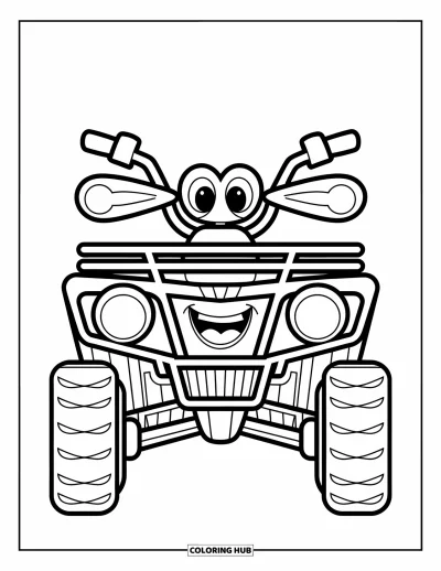 Coloriage de quad pour enfants : Un quad vu de face sourit avec de grands phares et des yeux joyeux