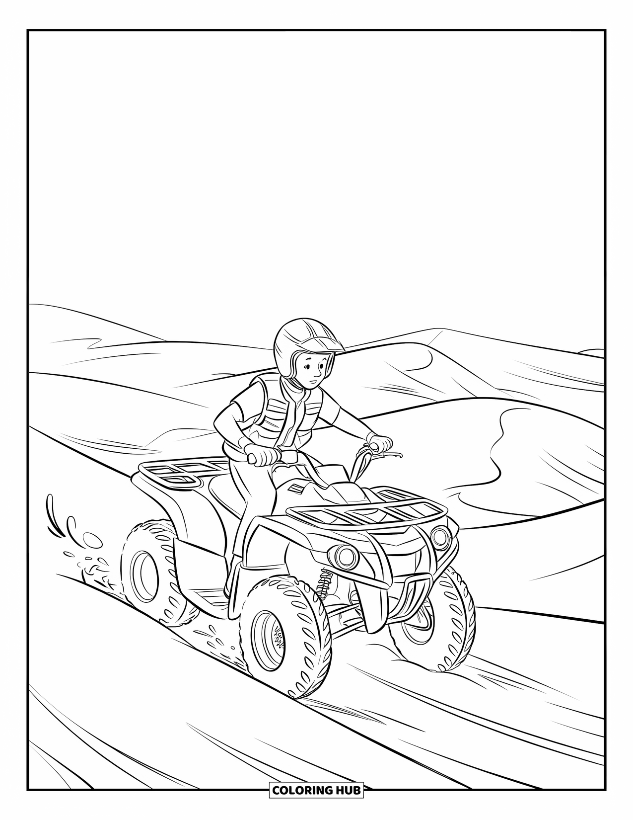 Atv Coloring Page for Kids: A geared-up teen rides an ATV through rolling sand dunes