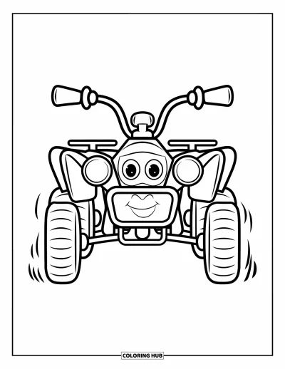 Coloriage de quad pour enfants : Un quad souriant aux grands yeux fait face vers l'avant sur un fond blanc