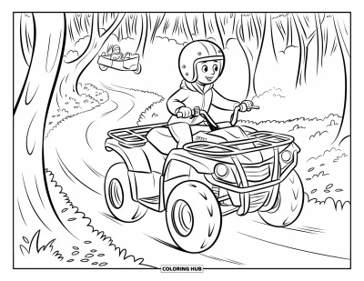 Coloriage de quad pour enfants : Un enfant et un passager roulent en quad sous une dense canopée forestière