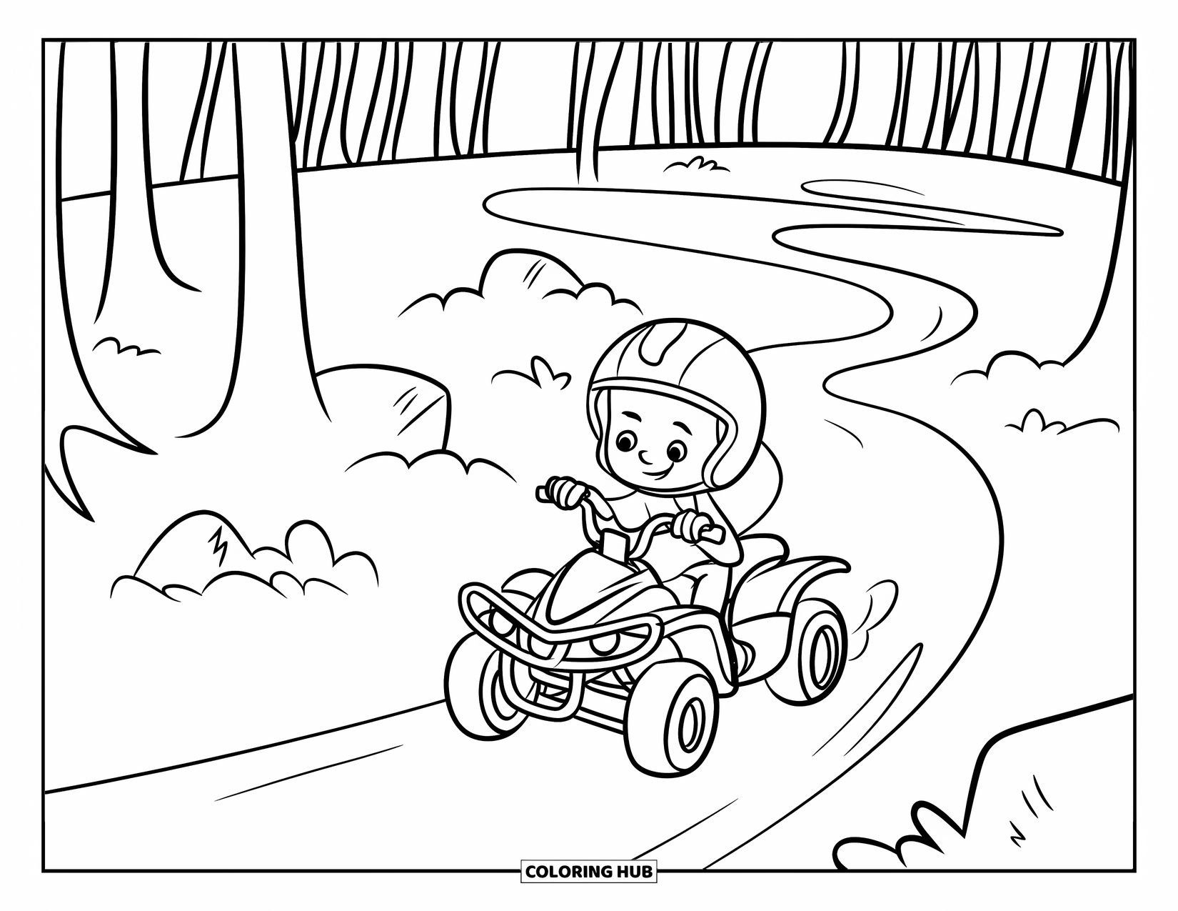Atv Coloring Page for Kids: A kid rides an ATV along a rocky forest path