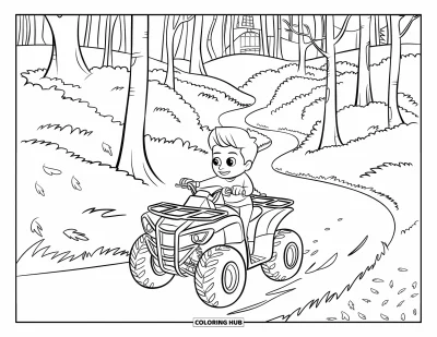 Coloriage de quad pour enfants : Un enfant conduit un quad entre des arbres avec des feuilles éparpillées sur le chemin