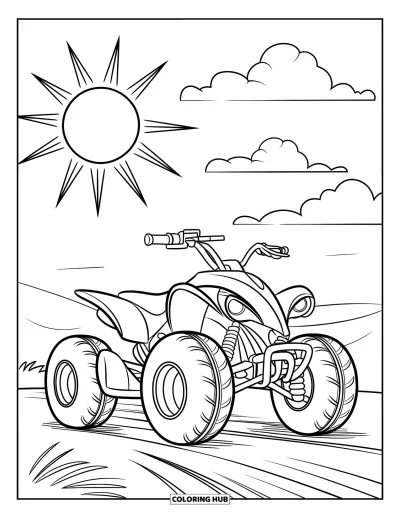 Coloriage de quad pour enfants : Un quad amusant aux grandes roues repose sous le soleil et des nuages moelleux