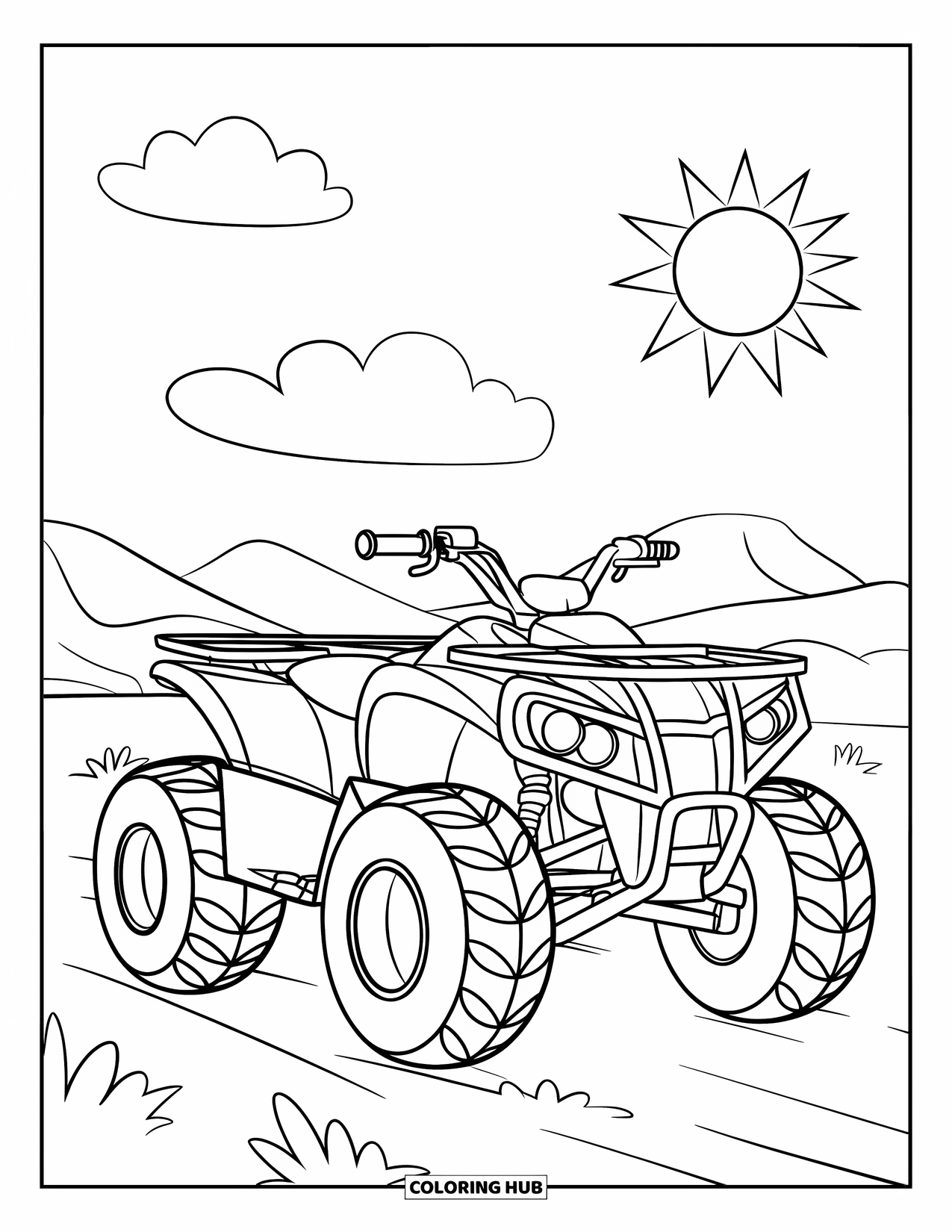 Atv Coloring Page for Kids: A preschool-friendly ATV with large wheels rests under a sunny sky