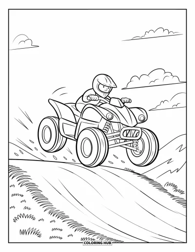 Coloriage de quad pour enfants : Un pilote saute avec un quad coloré depuis une rampe en terre vers le ciel