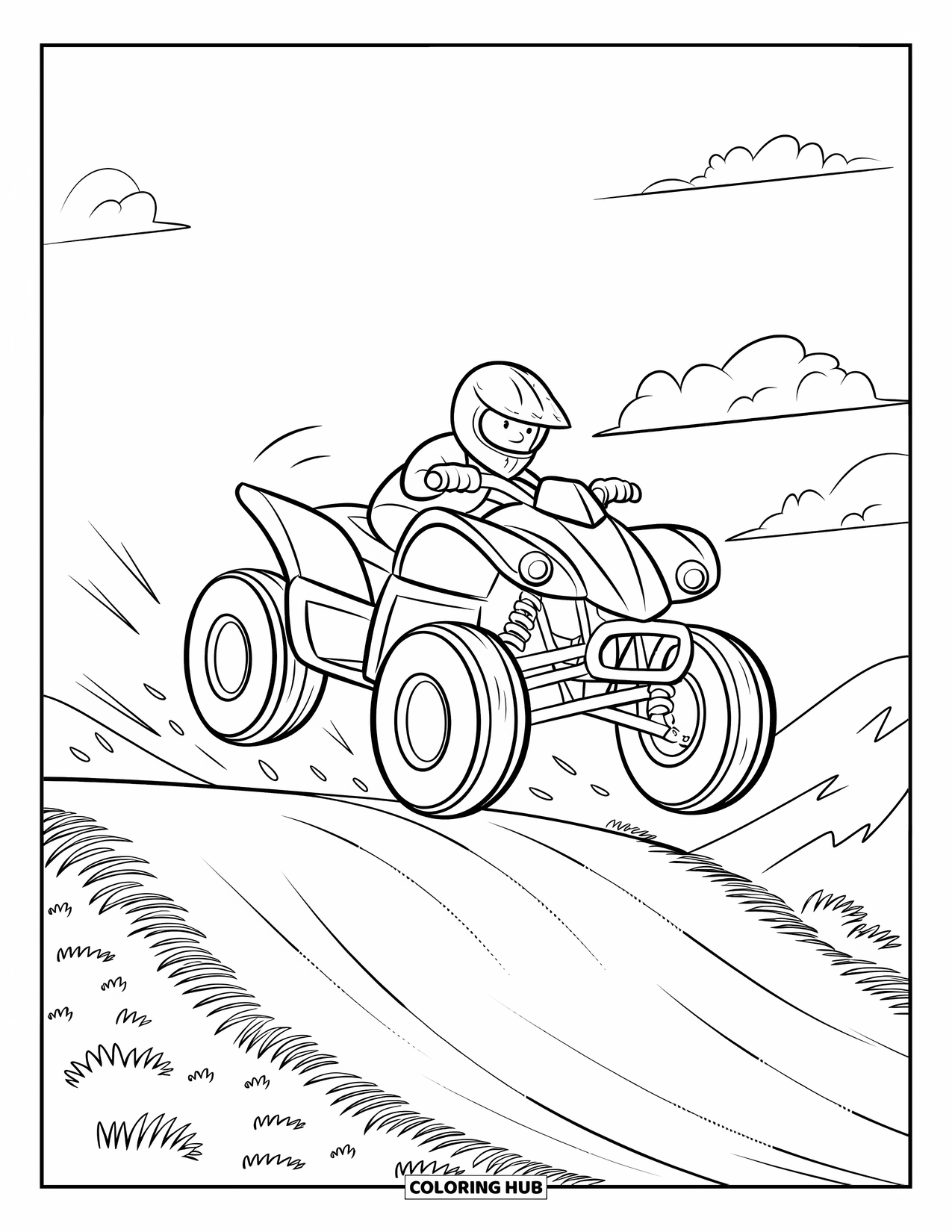 Atv Coloring Page for Kids: A rider jumps a colorful ATV off a dirt ramp into the sky