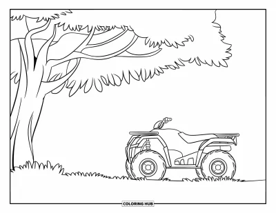 Coloriage de quad pour enfants : Un quad arrondi repose sous un arbre avec de l'herbe en dessous