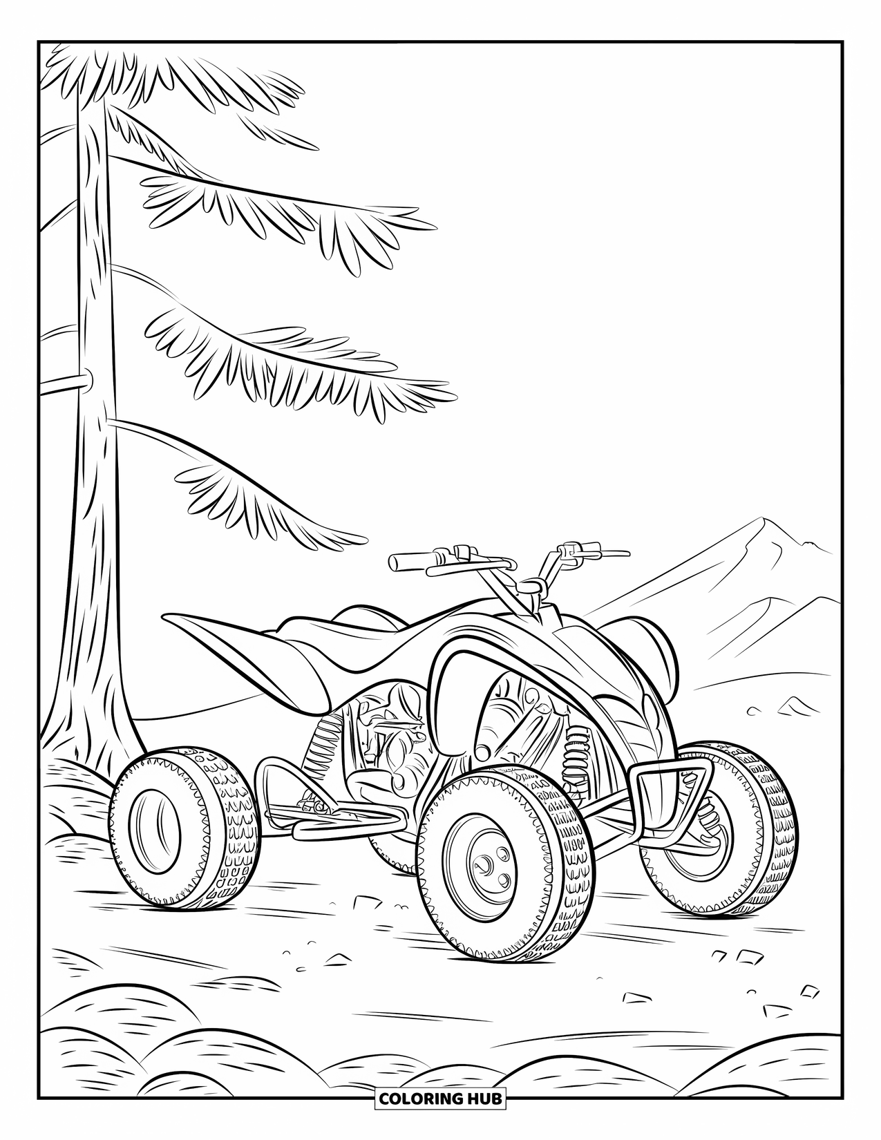 Atv Coloring Page for Kids: A rugged ATV rests beneath a pine tree on rocky ground