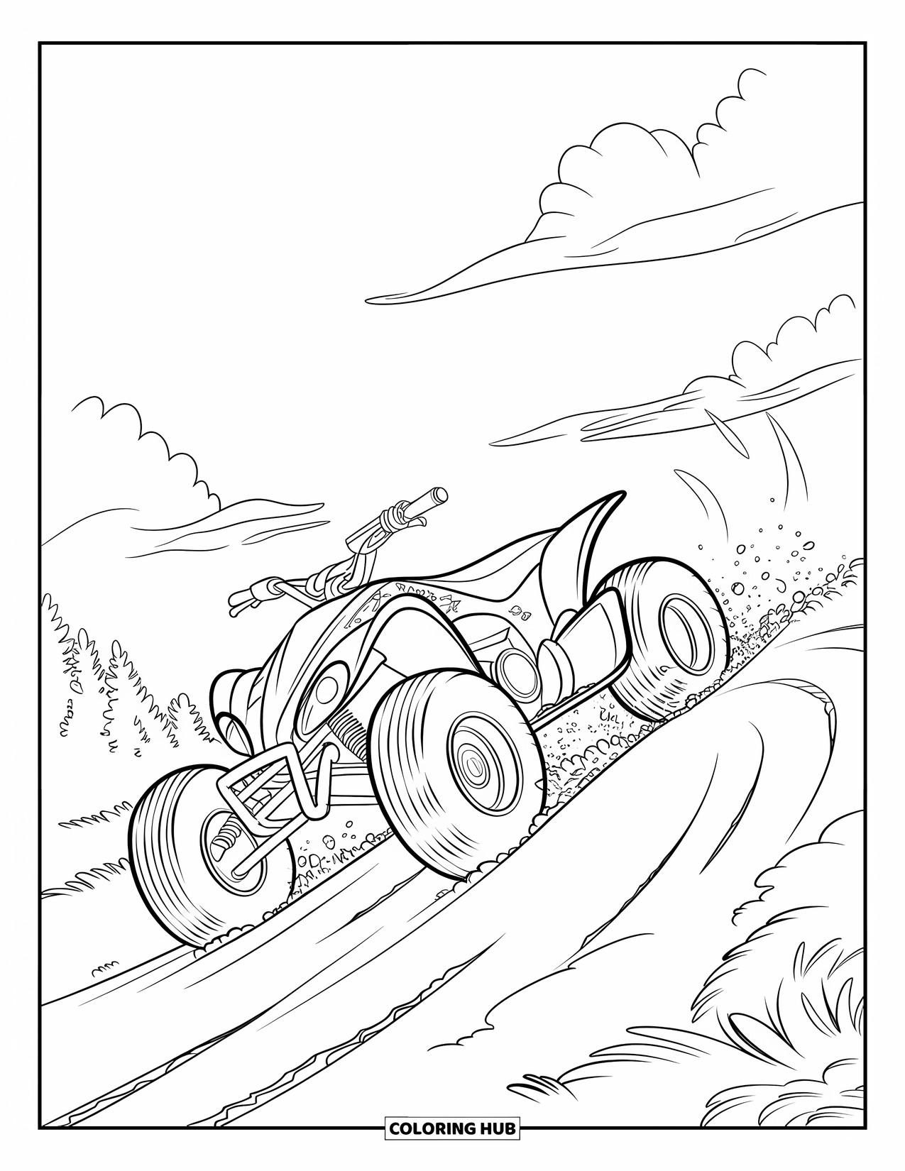 Atv Coloring Page for Kids: A side-view ATV kicks up dirt racing through forest greenery
