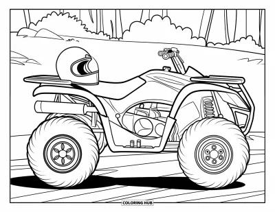 Coloriage de quad pour enfants : Un quad vu de côté avec un casque sur le siège repose sur un chemin de terre