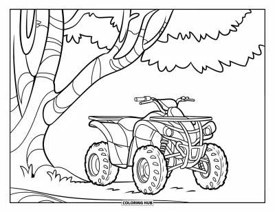 Coloriage de quad pour enfants : Un quad simple est garé sous un grand arbre sur un fond blanc
