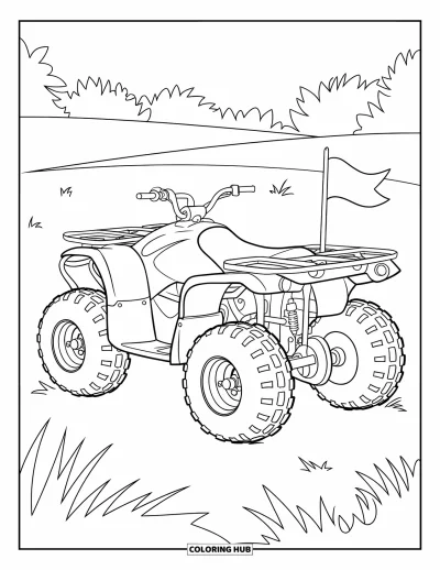 Coloriage de quad pour enfants : Un quad simple avec des pneus larges et un drapeau se dresse sur des collines herbeuses