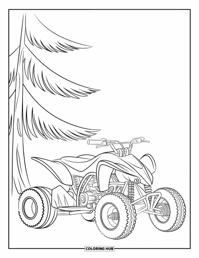 Coloriage de quad pour enfants : Un quad élégant est garé sous un pin avec de grandes roues et des pièces de moteur visibles