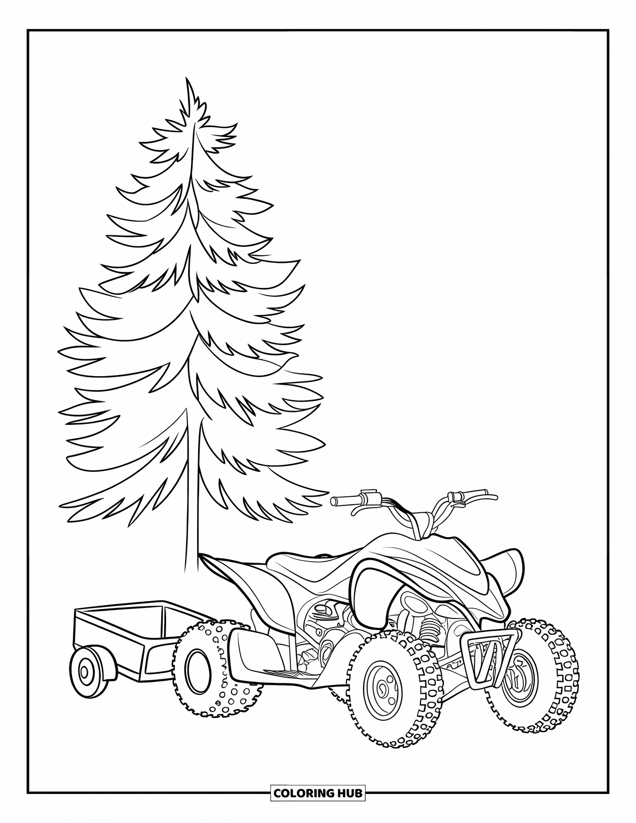 Atv Coloring Page for Kids: A sleek ATV with a trailer parks under a pine tree