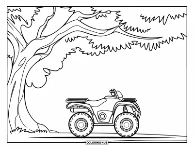 Coloriage de quad pour enfants : Un petit quad est garé sous un arbre avec un contour net et épuré