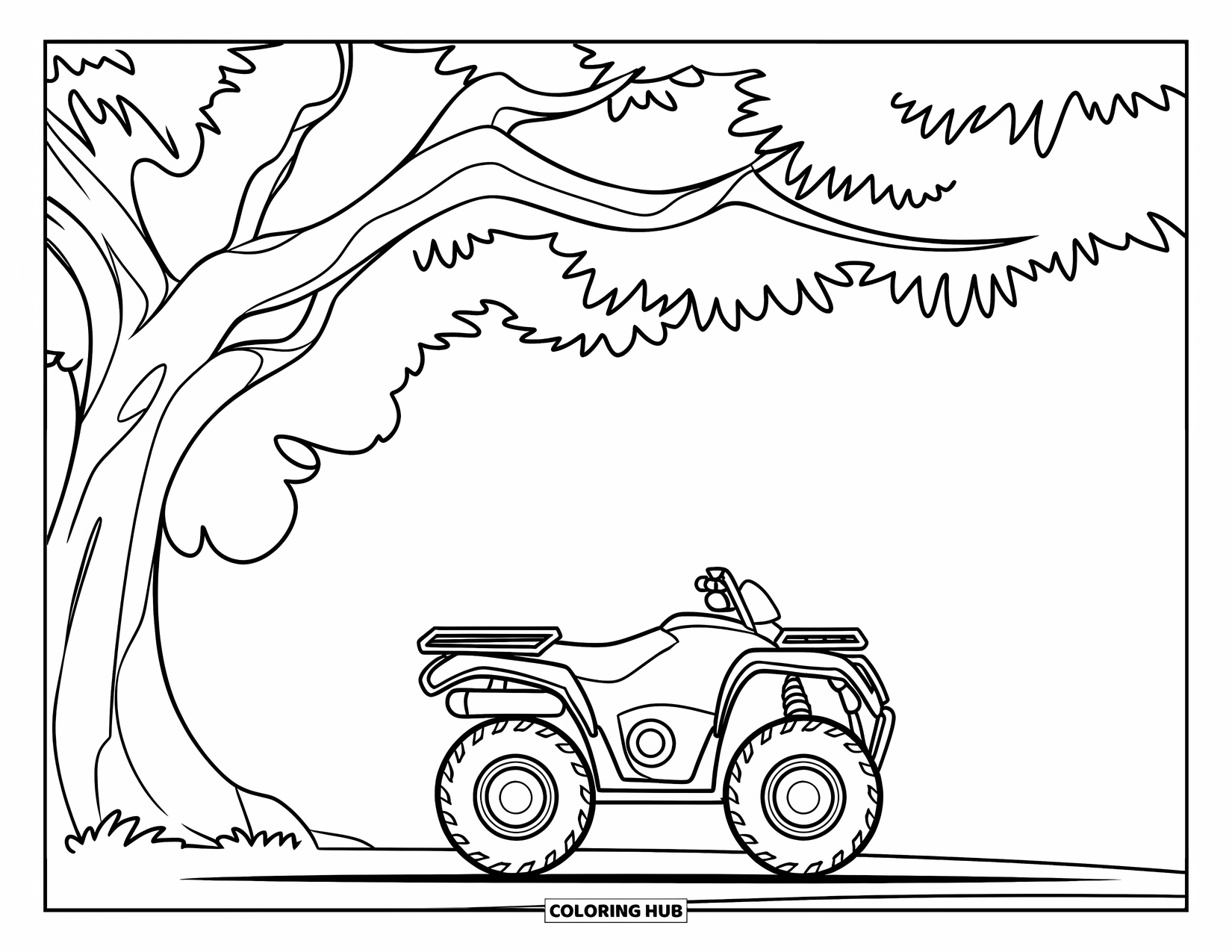 Atv Coloring Page for Kids: A small ATV sits beneath a tree with a bold, clean outline