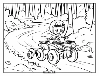 Coloriage de quad pour enfants : Un enfant souriant conduit un quad sur un sentier forestier couvert de feuilles