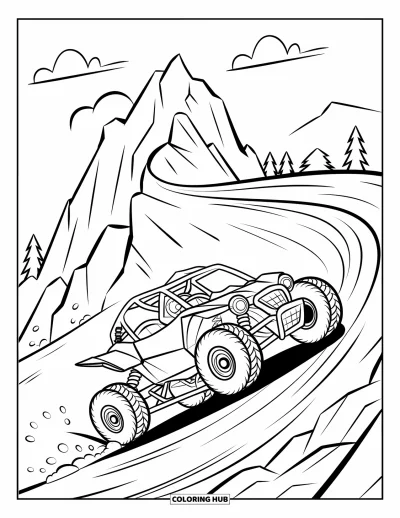 Coloriage de quad pour enfants : Un quad de sport dérape dans un virage serré sur une route de montagne