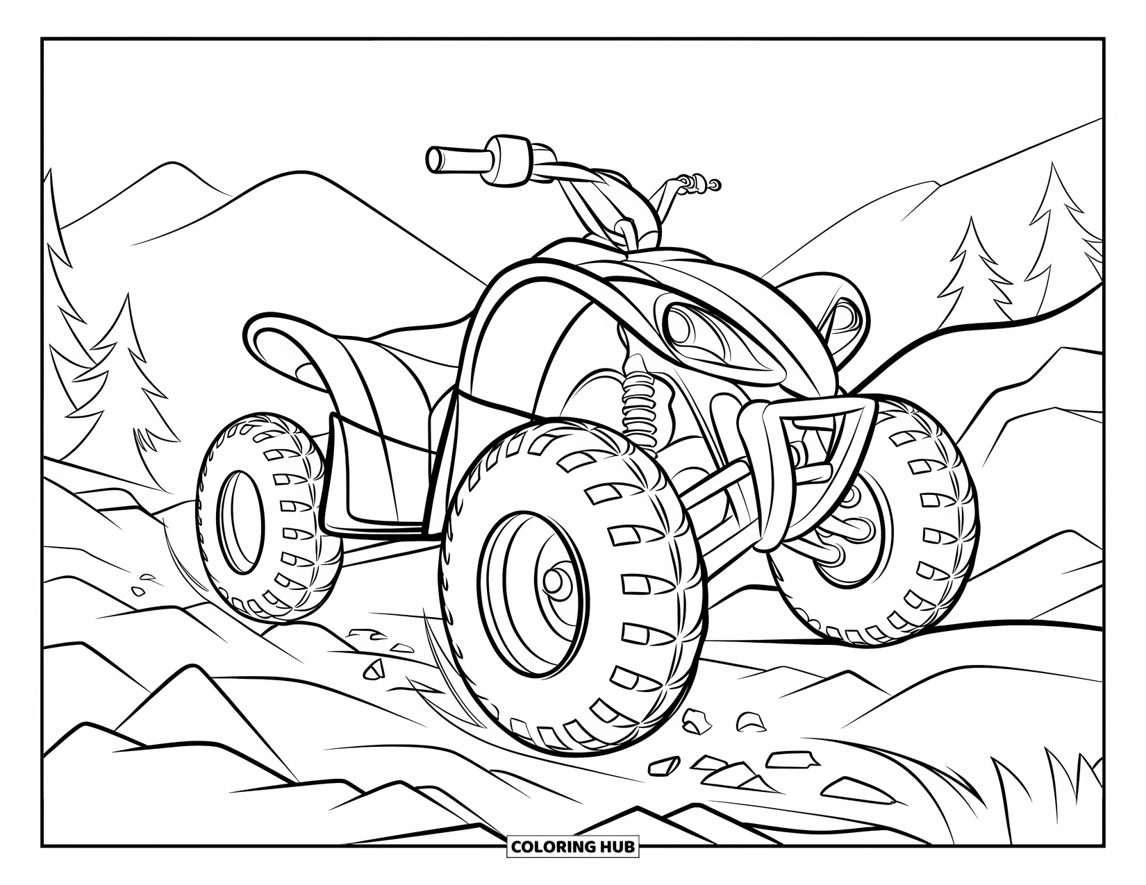 Atv Coloring Page for Kids: A sporty ATV climbs a rocky trail with bold tire treads