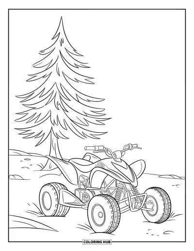 Coloriage de quad pour enfants : Un quad robuste est garé sous un pin dans un paysage ouvert