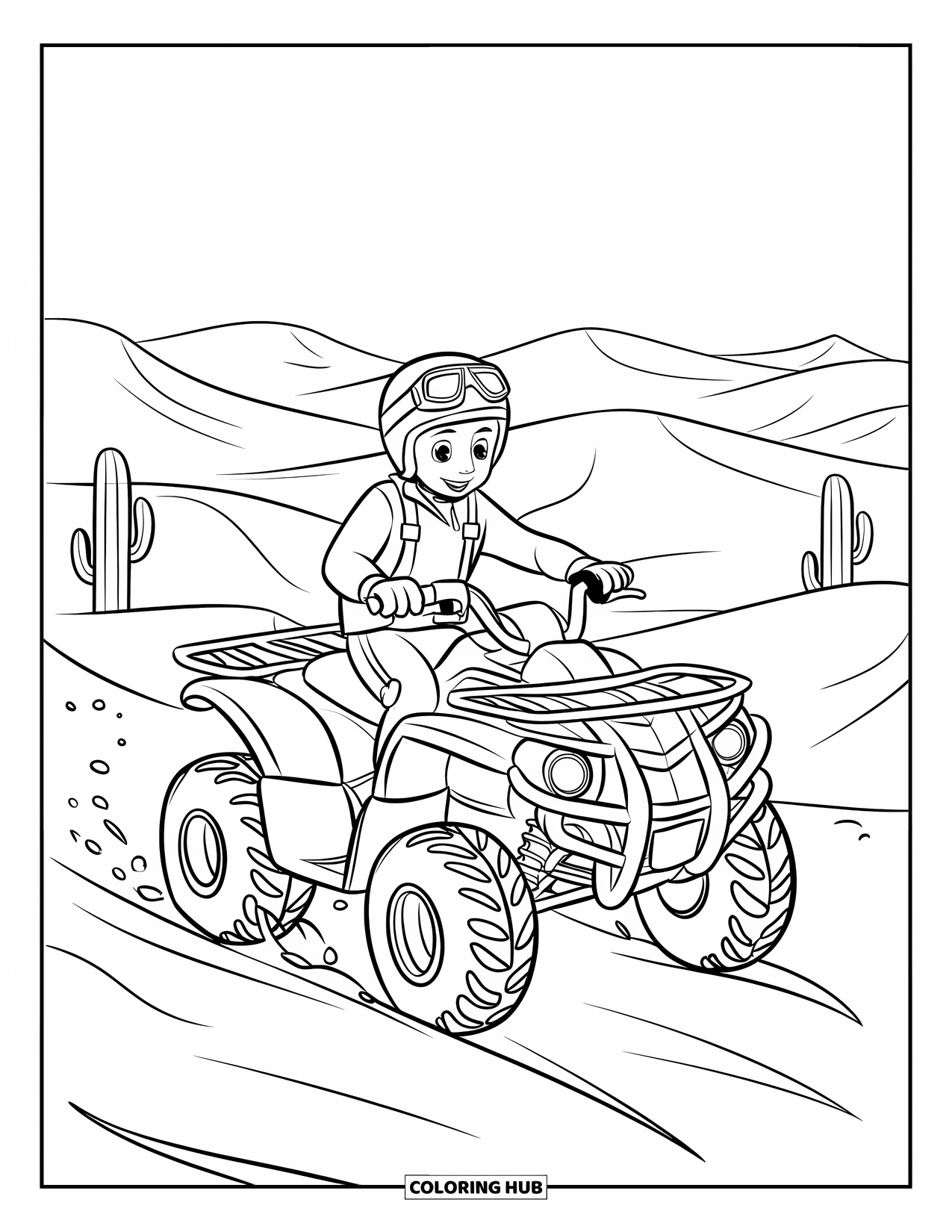 Atv Coloring Page for Kids: A teen rides a ATV with big wheels over sandy dunes