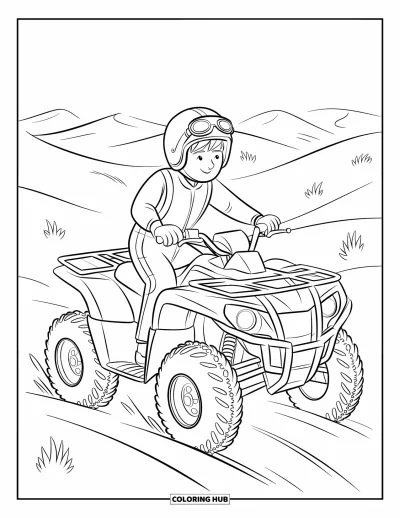 Coloriage de quad pour enfants : Un adolescent conduit un quad solide à travers le désert sablonneux