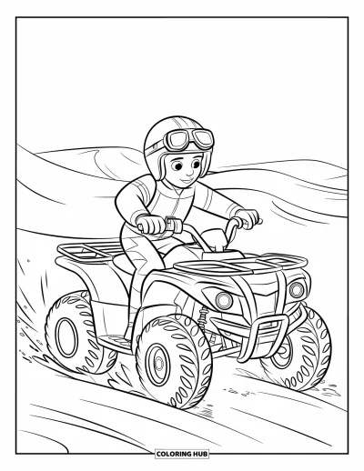 Coloriage de quad pour enfants : Un adolescent équipé conduit un quad à travers des dunes de sable