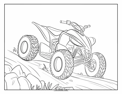 Coloriage de quad pour enfants : Un quad gravit des rochers sur un sentier de montagne avec des contours nets et épurés