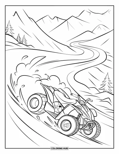Coloriage de quad pour enfants : Un quad dérive dans la poussière sur un sentier de montagne sinueux