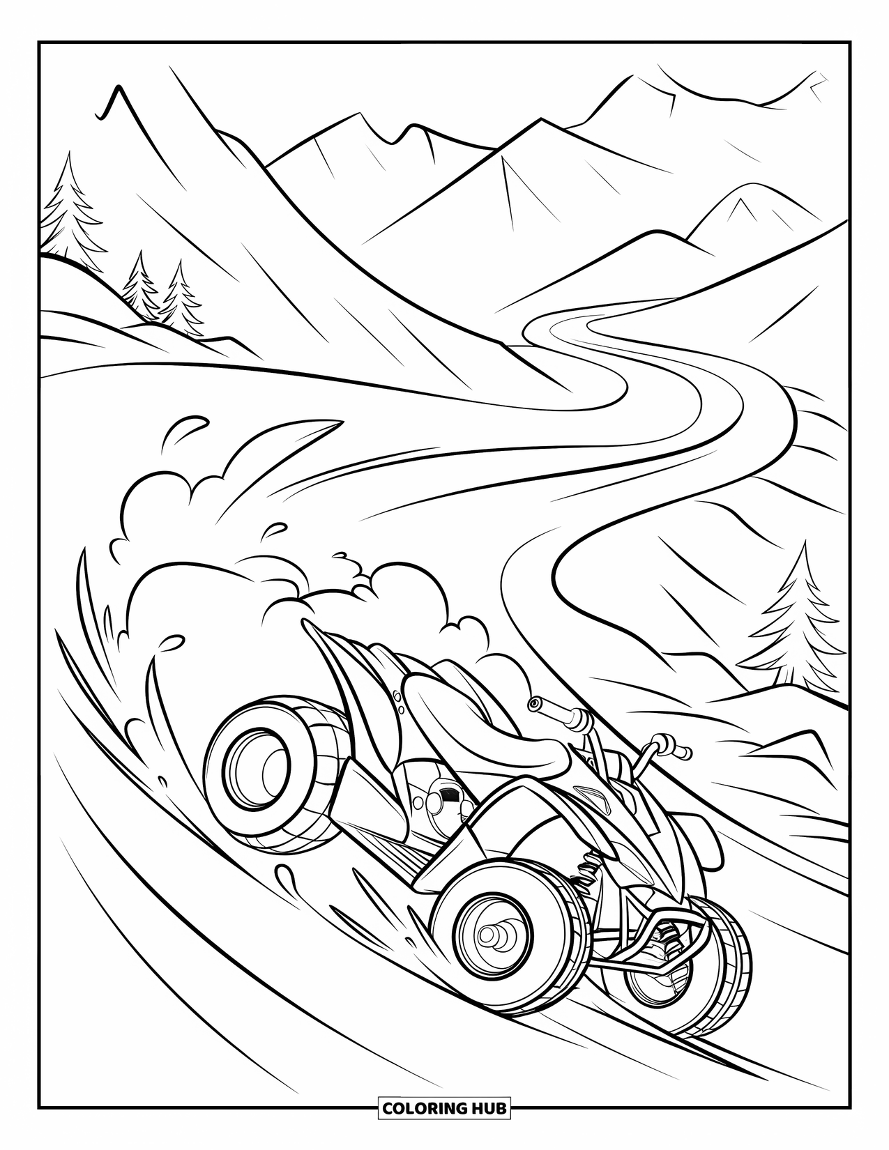 Atv Coloring Page for Kids: An ATV drifts in dust on a winding mountain trail