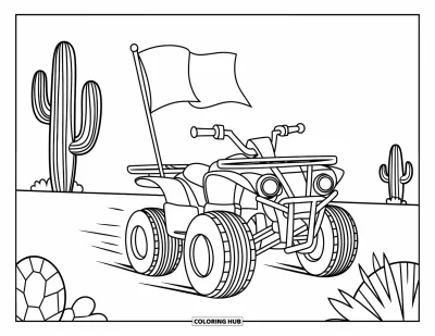 Coloriage de quad pour enfants : Un quad dépasse des cactus qui se balancent sur un sentier poussiéreux avec un drapeau à l'arrière
