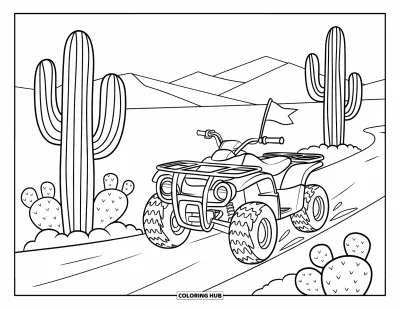 Coloriage de quad pour enfants : Un quad traverse des cactus sur une piste poussiéreuse