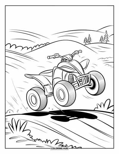 Coloriage de quad pour enfants : Un quad s'envole depuis une rampe en terre avec des collines en arrière-plan