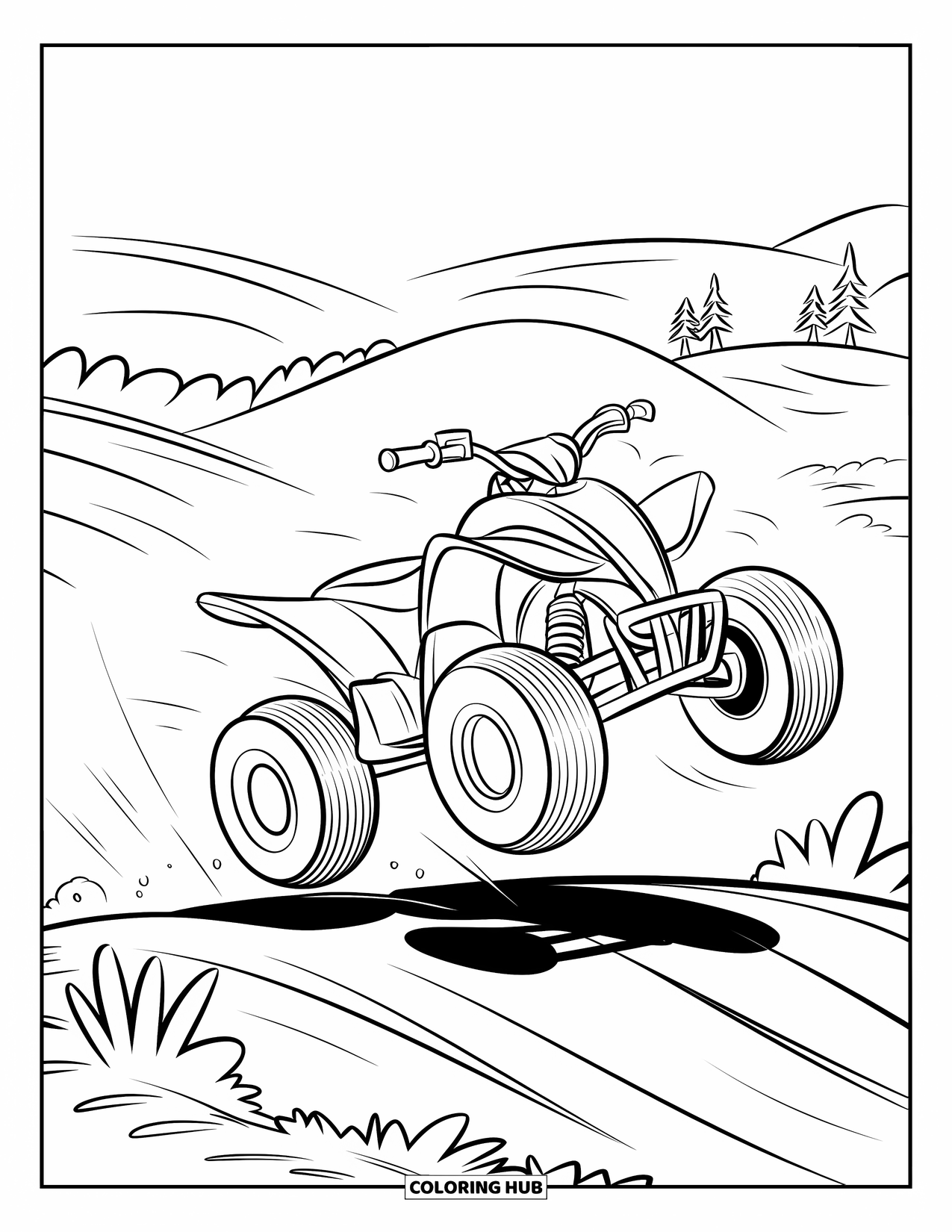 Atv Coloring Page for Kids: An ATV flies off a dirt ramp with hills behind