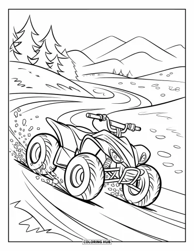 Coloriage de quad pour enfants : Un quad soulève de la poussière en filant à travers des collines boisées