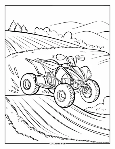 Coloriage de quad pour enfants : Un quad s'élance depuis une rampe en terre sur un chemin vallonné