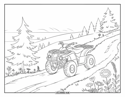 Coloriage de quad pour enfants : Un quad est garé le long d'un sentier fleuri avec des arbres et un horizon pittoresque