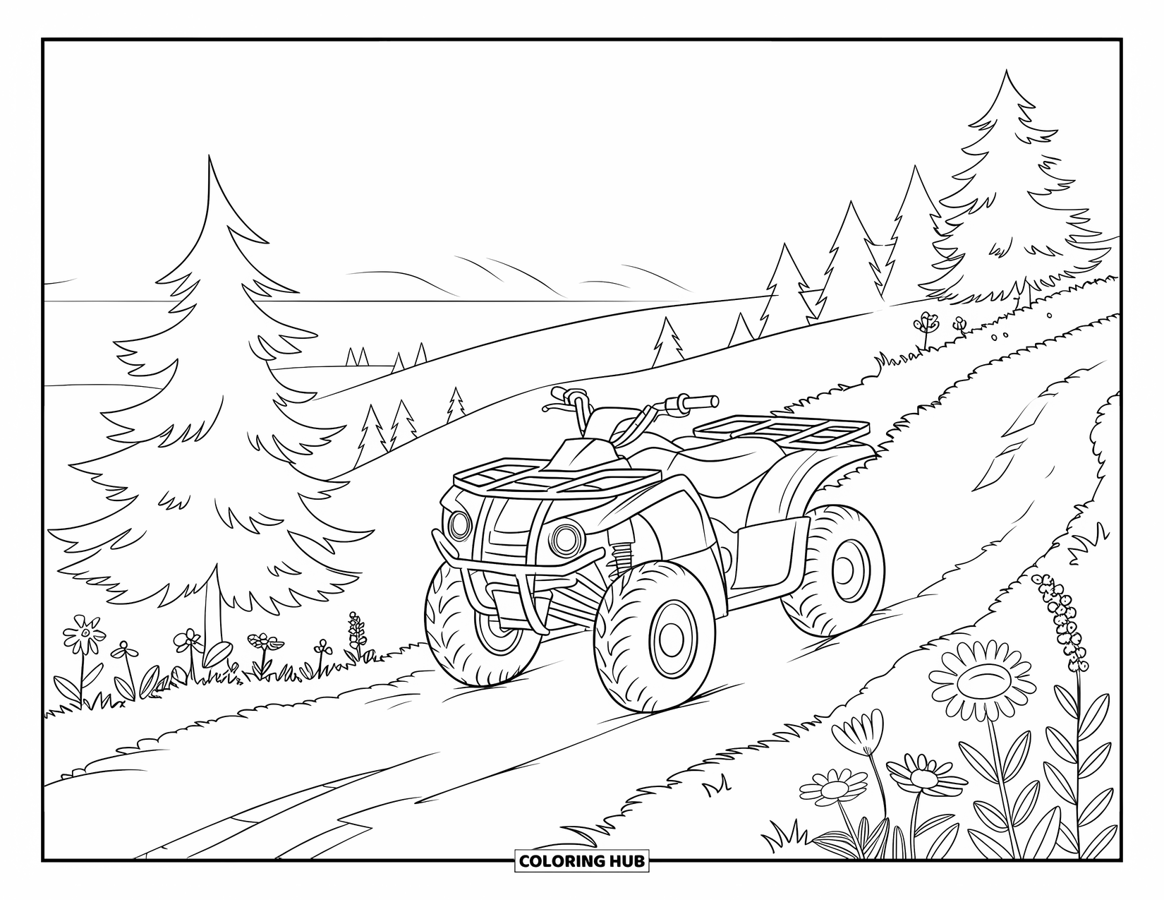Atv Coloring Page for Kids: An ATV parks along a wildflower trail with trees and a scenic horizon