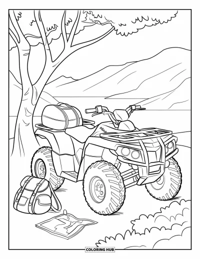Coloriage de quad pour enfants : Un quad est garé sous un arbre à côté d'un sac à dos et d'une carte