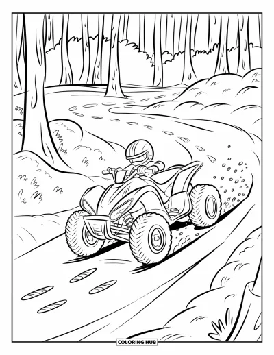 Coloriage de quad pour enfants : Un quad dévale un sentier entouré d'arbres et de terrain accidenté