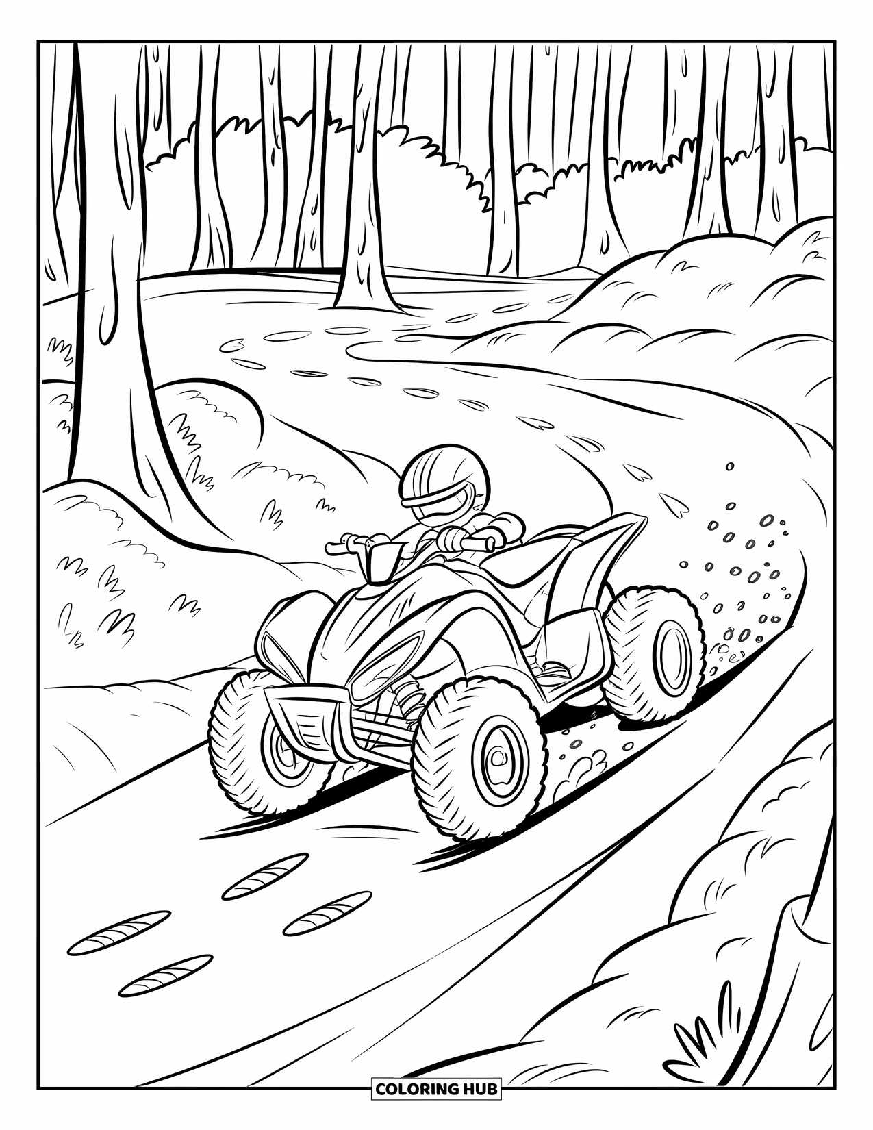 Atv Coloring Page for Kids: An ATV races down a trail surrounded by trees and bumpy terrain