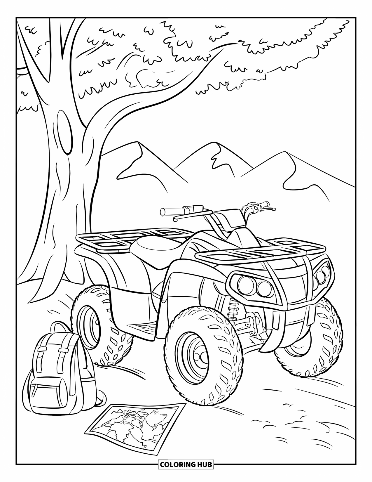 Atv Coloring Page for Kids: An ATV rests beneath a tree near mountains and a map